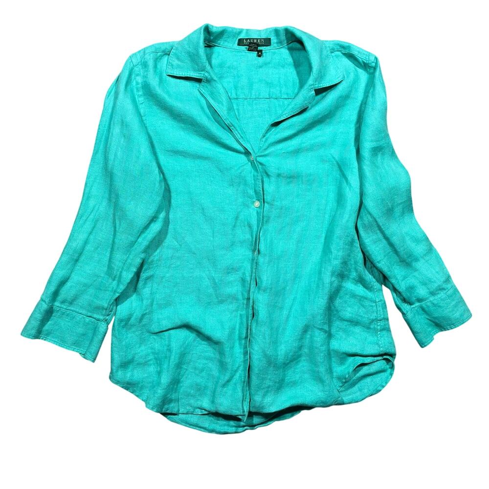 Women’s Lauren Ralph Lauren 100% Linen Shirt Size Large Teal Long Sleeve